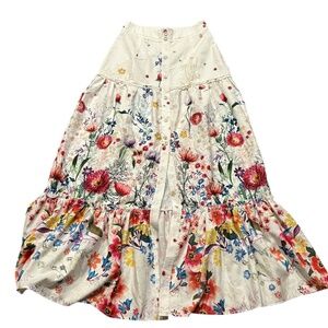 Floral White Maxi Skirt with Button Front